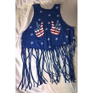 Spencers Red White Blue Cropped Fringed Sleeveless Finger Peace Sign Shirt Sz M